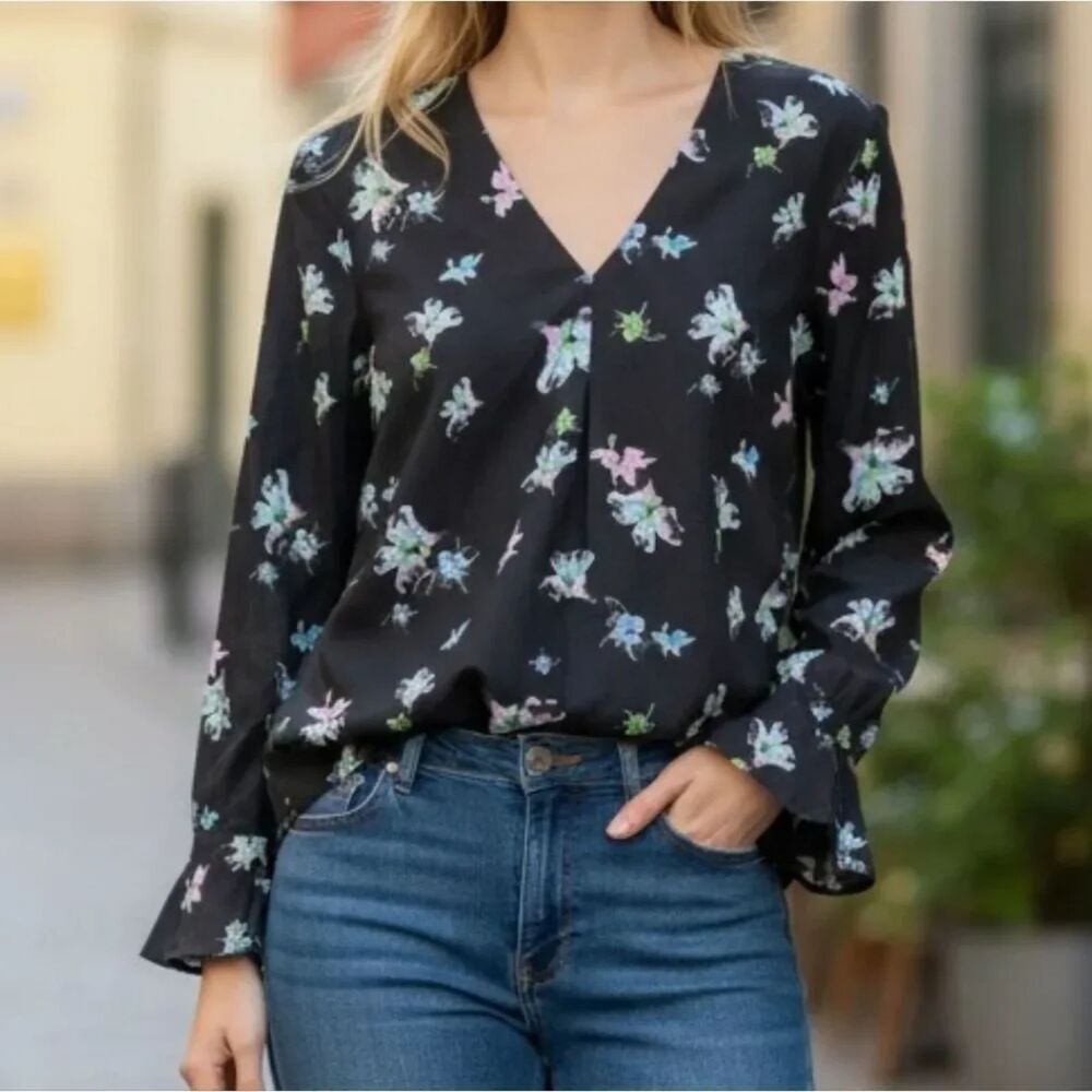Banana Republic Floral Split V-Neck Blouse Women's Small Black Watercolor Print